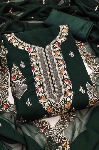 green georgette embroidered unstitched dressmaterials 3 pair top bottom dupptaa