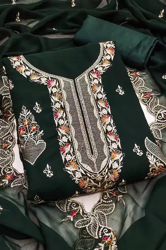 green georgette embroidered unstitched dressmaterials 3 pair top bottom dupptaa