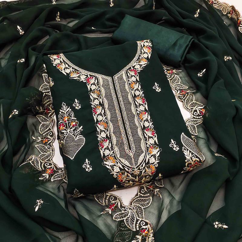 green georgette embroidered unstitched dressmaterials 3 pair top bottom dupptaa