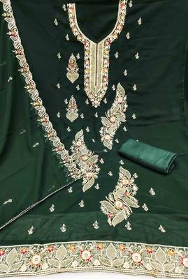 green georgette embroidered unstitched dressmaterials 3 pair top bottom dupptaa 2