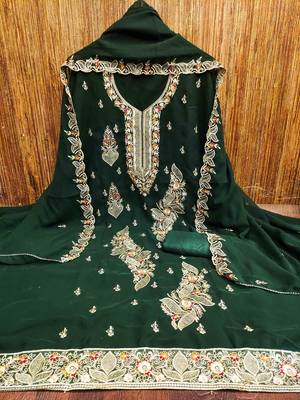 green georgette embroidered unstitched dressmaterials 3 pair top bottom dupptaa 3