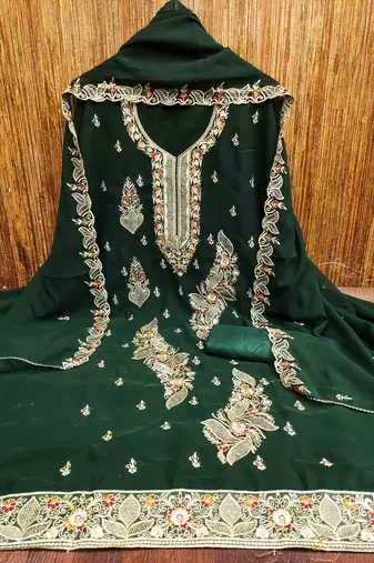 green georgette embroidered unstitched dressmaterials 3 pair top bottom dupptaa