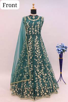 Teal embroidered butterfly net anarkali suit 3