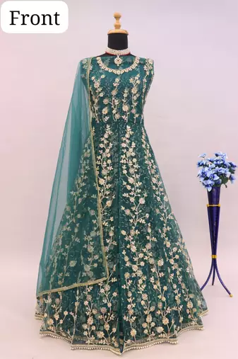Teal embroidered butterfly net anarkali suit