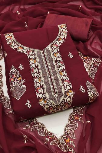 maroon georgette embroidered unstitched dressmaterials 3 pair top bottom dupptaa
