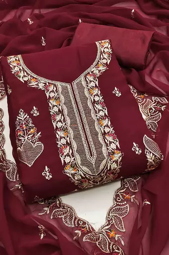 maroon georgette embroidered unstitched dressmaterials 3 pair top bottom dupptaa