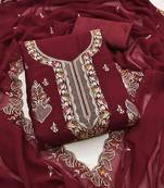 maroon georgette embroidered unstitched dressmaterials 3 pair top bottom dupptaa