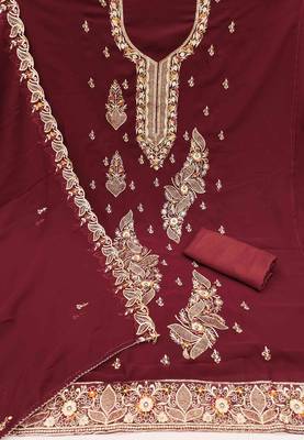 maroon georgette embroidered unstitched dressmaterials 3 pair top bottom dupptaa 2