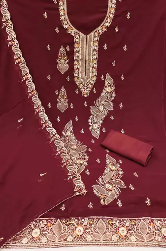 maroon georgette embroidered unstitched dressmaterials 3 pair top bottom dupptaa