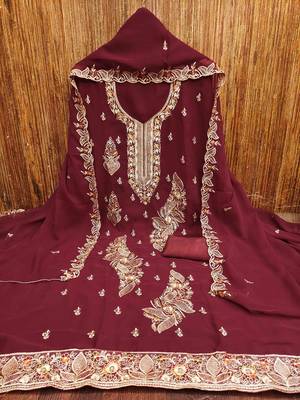 maroon georgette embroidered unstitched dressmaterials 3 pair top bottom dupptaa 3