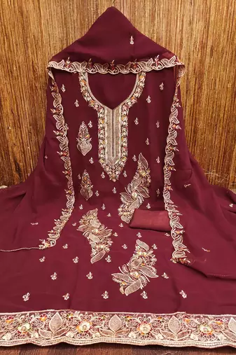 maroon georgette embroidered unstitched dressmaterials 3 pair top bottom dupptaa