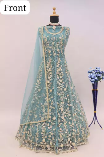 Sky blue embroidered butterfly net anarkali suit