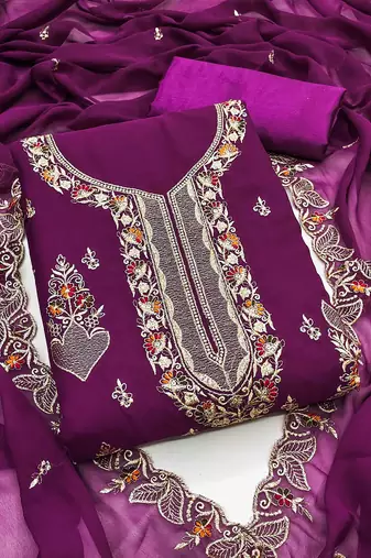 purple georgette embroidered unstitched dressmaterials 3 pair top bottom dupptaa