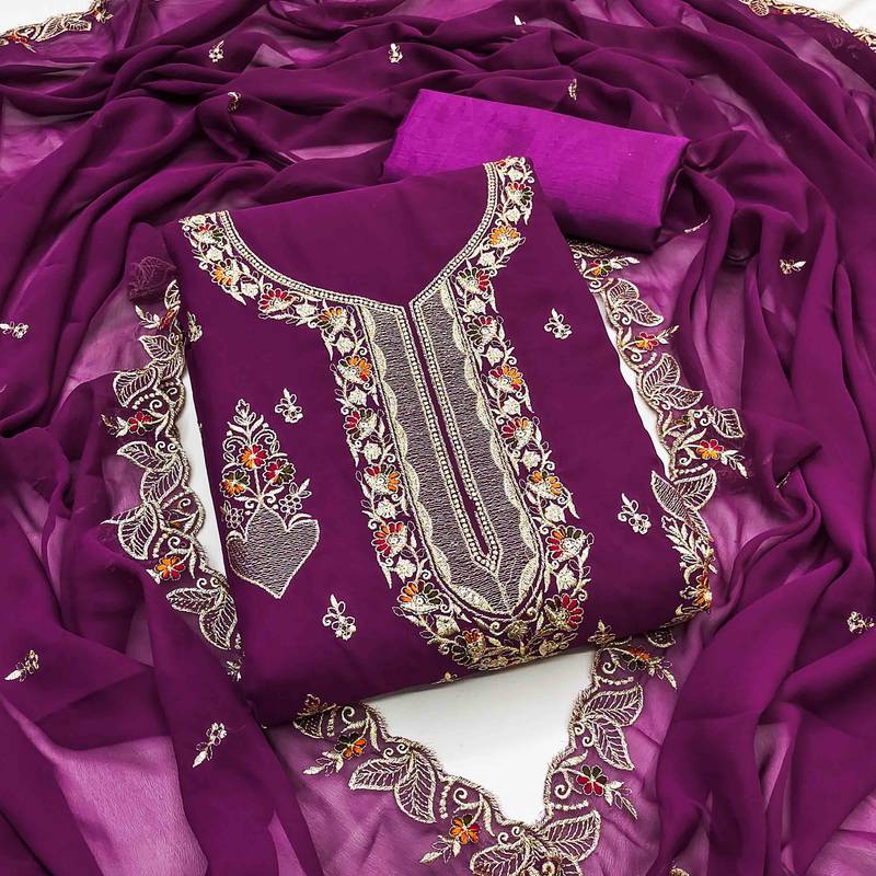 purple georgette embroidered unstitched dressmaterials 3 pair top bottom dupptaa