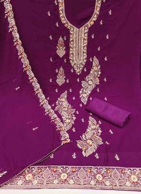 purple georgette embroidered unstitched dressmaterials 3 pair top bottom dupptaa 2