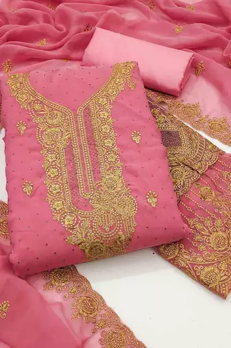 pink georgette embroidered unstitched dressmaterials 3 pair top bottom dupptaa