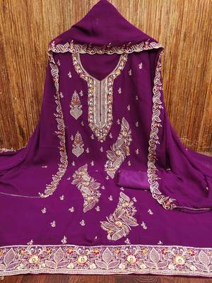 purple georgette embroidered unstitched dressmaterials 3 pair top bottom dupptaa 3