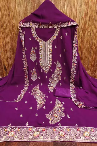 purple georgette embroidered unstitched dressmaterials 3 pair top bottom dupptaa