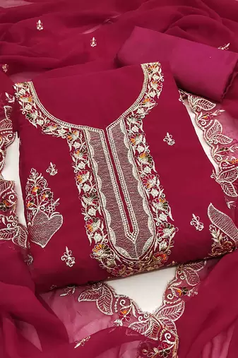 pink georgette embroidered unstitched dressmaterials 3 pair top bottom dupptaa