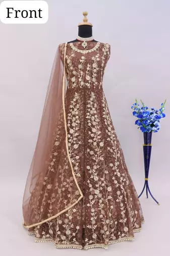 Brown embroidered butterfly net anarkali suit