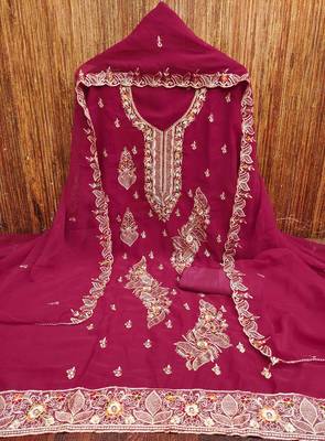 pink georgette embroidered unstitched dressmaterials 3 pair top bottom dupptaa 2