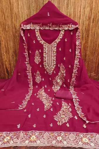 pink georgette embroidered unstitched dressmaterials 3 pair top bottom dupptaa