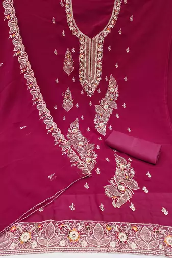 pink georgette embroidered unstitched dressmaterials 3 pair top bottom dupptaa