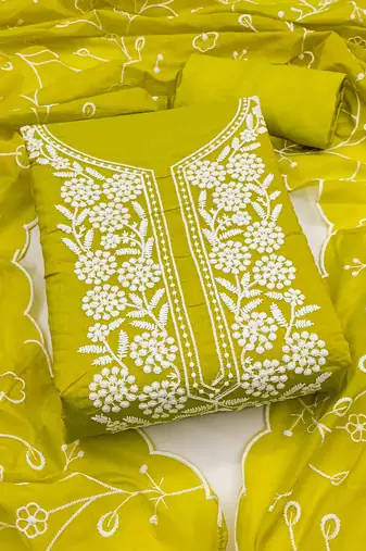green chanderi embroidered unstitched dress materials 3 pair top bottom dupatta
