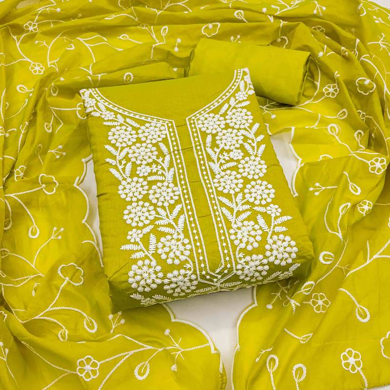 green chanderi embroidered unstitched dress materials 3 pair top bottom dupatta