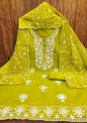 green chanderi embroidered unstitched dress materials 3 pair top bottom dupatta 2