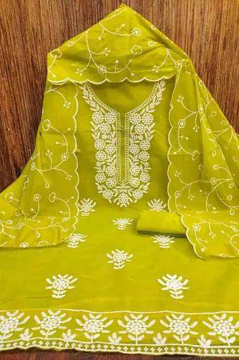 green chanderi embroidered unstitched dress materials 3 pair top bottom dupatta