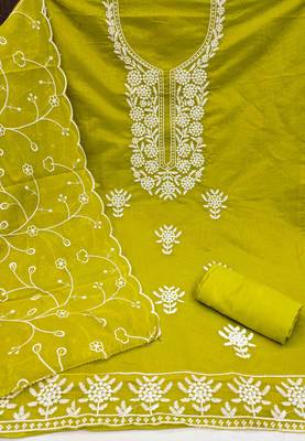 green chanderi embroidered unstitched dress materials 3 pair top bottom dupatta 3