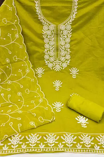 green chanderi embroidered unstitched dress materials 3 pair top bottom dupatta