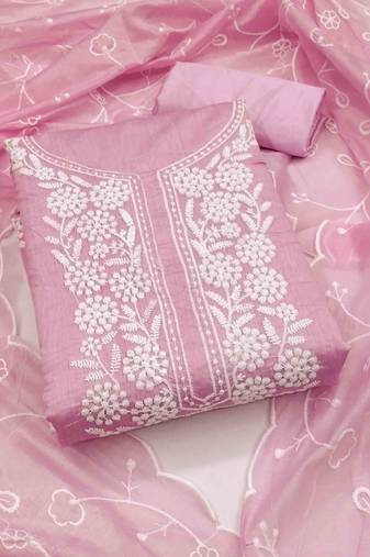 pink chanderi embroidered unstitched dress materials 3 pair top bottom dupatta