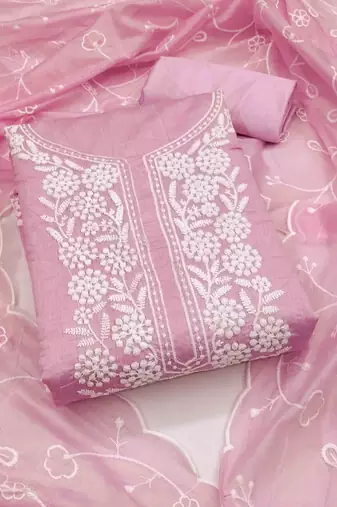 pink chanderi embroidered unstitched dress materials 3 pair top bottom dupatta