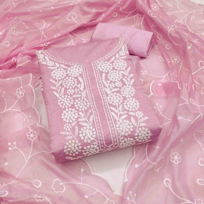 pink chanderi embroidered unstitched dress materials 3 pair top bottom dupatta