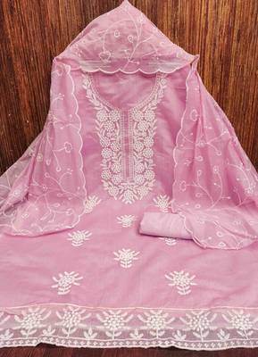 pink chanderi embroidered unstitched dress materials 3 pair top bottom dupatta 2