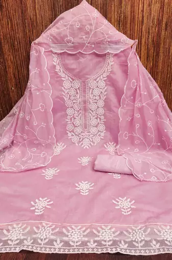 pink chanderi embroidered unstitched dress materials 3 pair top bottom dupatta