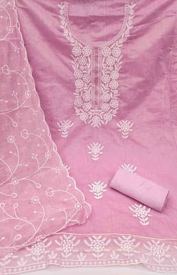 pink chanderi embroidered unstitched dress materials 3 pair top bottom dupatta 3