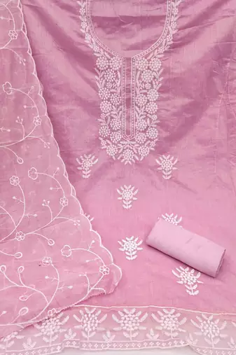 pink chanderi embroidered unstitched dress materials 3 pair top bottom dupatta