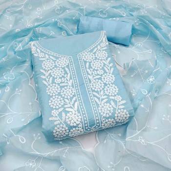 teal chanderi embroidered unstitched dress materials 3 pair top bottom dupatta 1