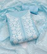 teal chanderi embroidered unstitched dress materials 3 pair top bottom dupatta