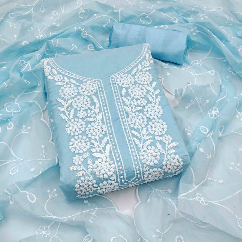 teal chanderi embroidered unstitched dress materials 3 pair top bottom dupatta