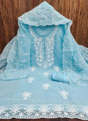 teal chanderi embroidered unstitched dress materials 3 pair top bottom dupatta 2