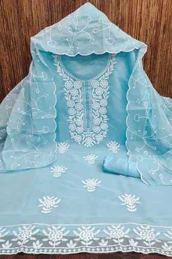 teal chanderi embroidered unstitched dress materials 3 pair top bottom dupatta