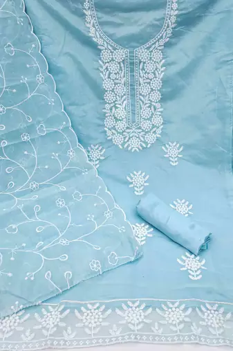 teal chanderi embroidered unstitched dress materials 3 pair top bottom dupatta