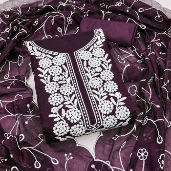 wine chanderi embroidered unstitched dress materials 3 pair top bottom dupatta 1