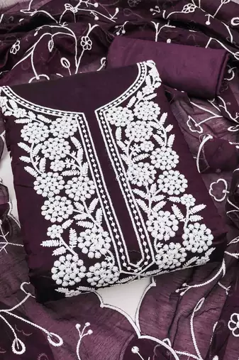 wine chanderi embroidered unstitched dress materials 3 pair top bottom dupatta
