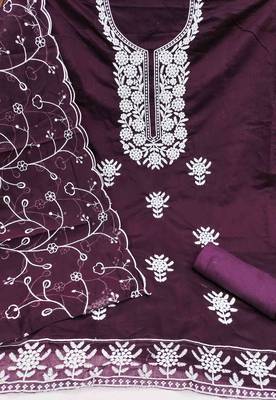 wine chanderi embroidered unstitched dress materials 3 pair top bottom dupatta 3