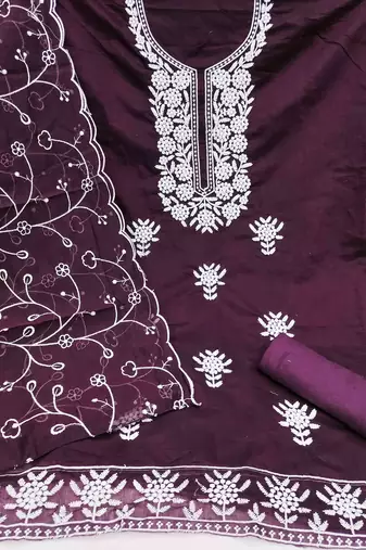 wine chanderi embroidered unstitched dress materials 3 pair top bottom dupatta